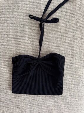 Windsor Black Ribbed Tie Front Halter Crop Top Size Small